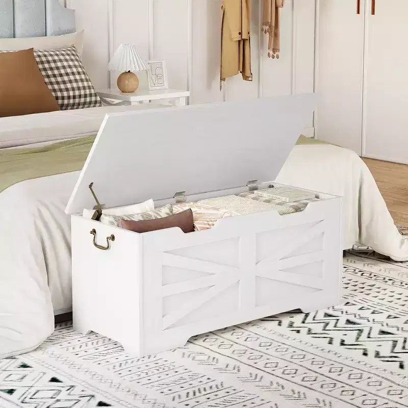 Versatile Wooden Storage Bench with Safety Hinge Lid - Farmhouse Style Chest and Toy Organizer for Entryway, Living Room, Bedroom