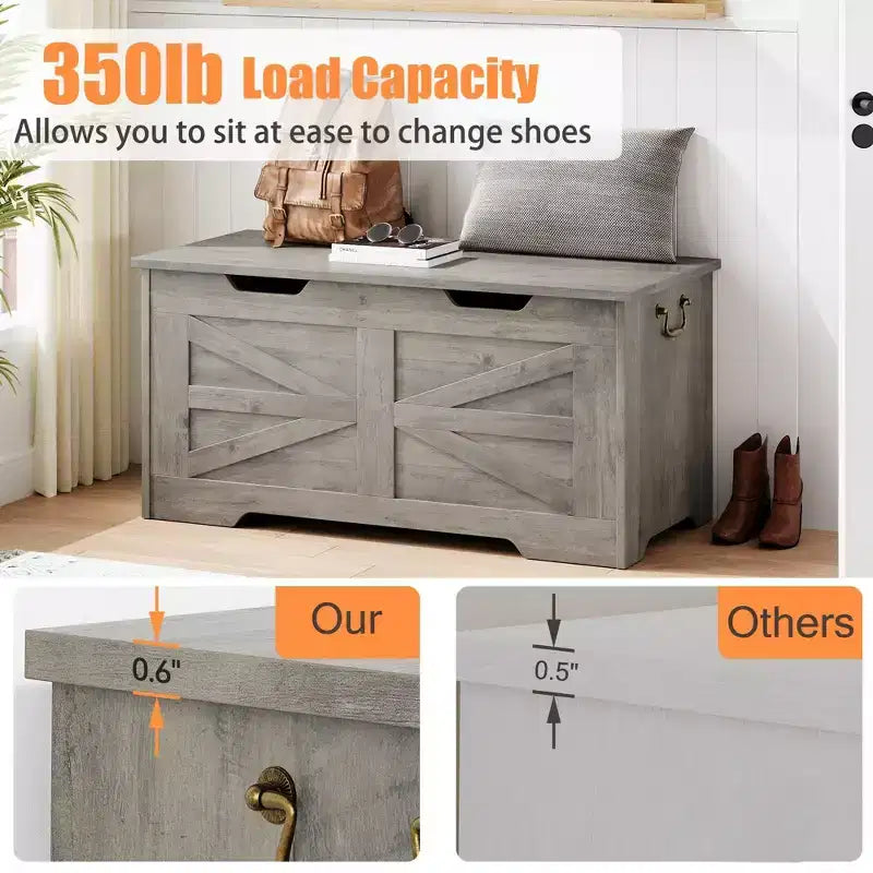 Versatile Wooden Storage Bench with Safety Hinge Lid - Farmhouse Style Chest and Toy Organizer for Entryway, Living Room, Bedroom