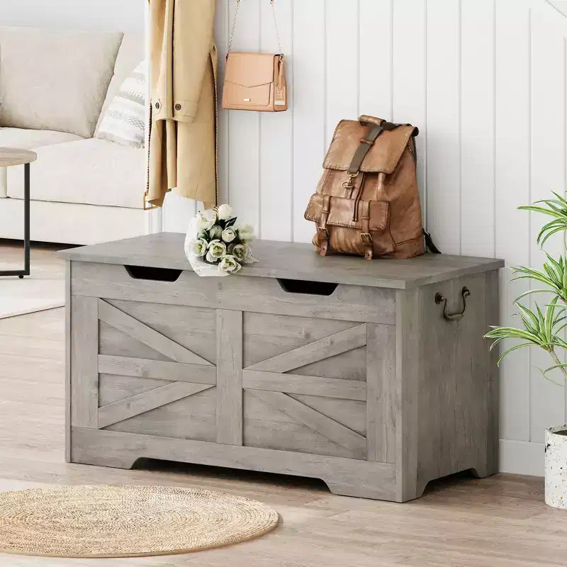 Versatile Wooden Storage Bench with Safety Hinge Lid - Farmhouse Style Chest and Toy Organizer for Entryway, Living Room, Bedroom