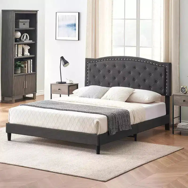 Queen Size Platform Bed Frame, Queen Upholstered Bed Frame with Adjustable Headboard, Heavy-Duty Slats Support, No Box Spring Needed, Gray