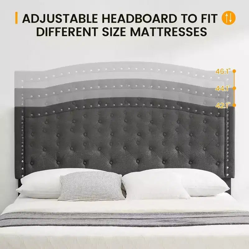 Queen Size Platform Bed Frame, Queen Upholstered Bed Frame with Adjustable Headboard, Heavy-Duty Slats Support, No Box Spring Needed, Gray