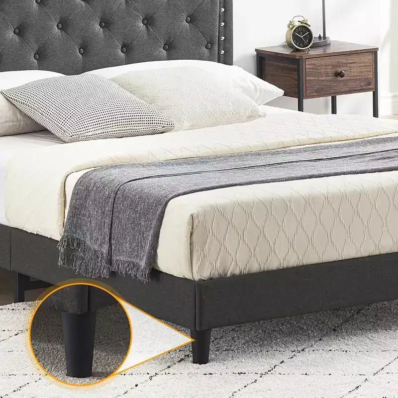 Queen Size Platform Bed Frame, Queen Upholstered Bed Frame with Adjustable Headboard, Heavy-Duty Slats Support, No Box Spring Needed, Gray