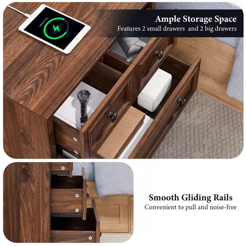 Night Stand with 4 Storage Drawers, 26 Wide Nightstand with Charging Station, Wooden End Tables for Bedroom, Living Room
