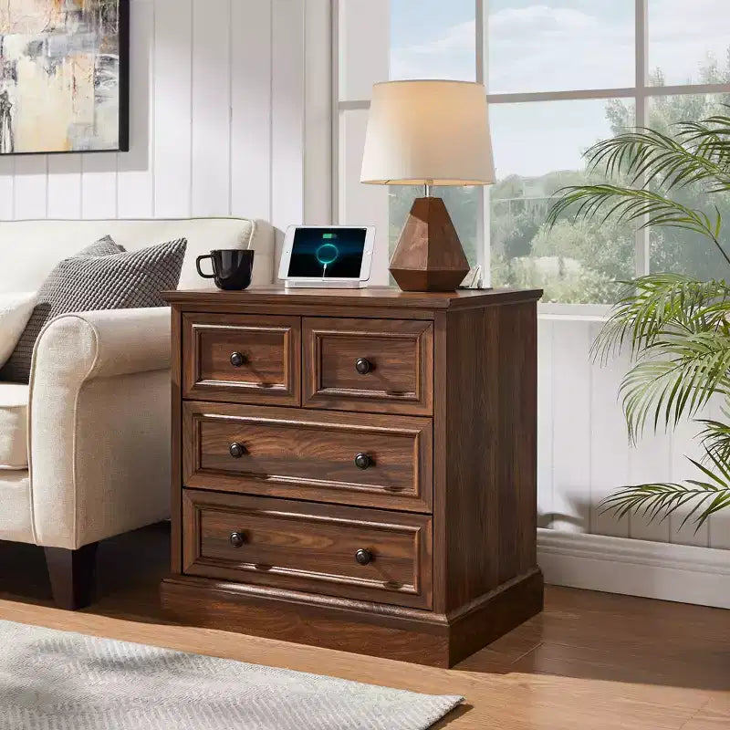Night Stand with 4 Storage Drawers, 26 Wide Nightstand with Charging Station, Wooden End Tables for Bedroom, Living Room