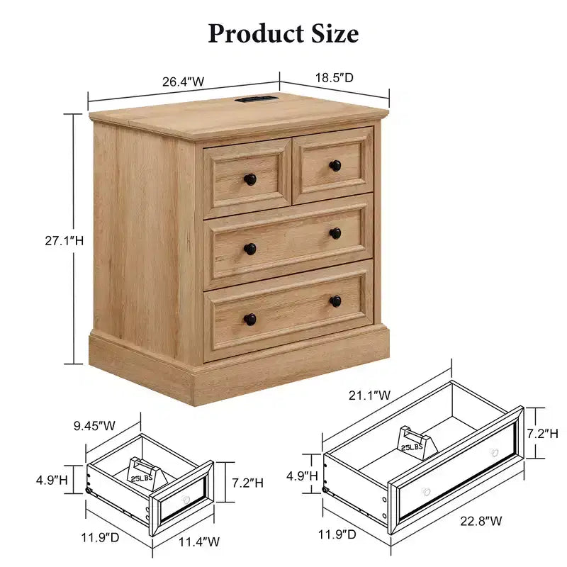 Night Stand with 4 Storage Drawers, 26 Wide Nightstand with Charging Station, Wooden End Tables for Bedroom, Living Room