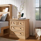 Night Stand with 4 Storage Drawers, 26 Wide Nightstand with Charging Station, Wooden End Tables for Bedroom, Living Room
