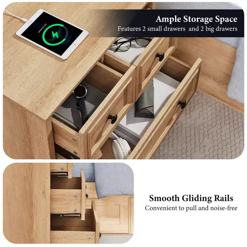 Night Stand with 4 Storage Drawers, 26 Wide Nightstand with Charging Station, Wooden End Tables for Bedroom, Living Room
