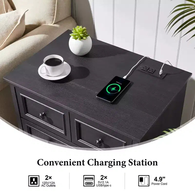 Night Stand with 4 Storage Drawers, 26 Wide Nightstand with Charging Station, Wooden End Tables for Bedroom, Living Room