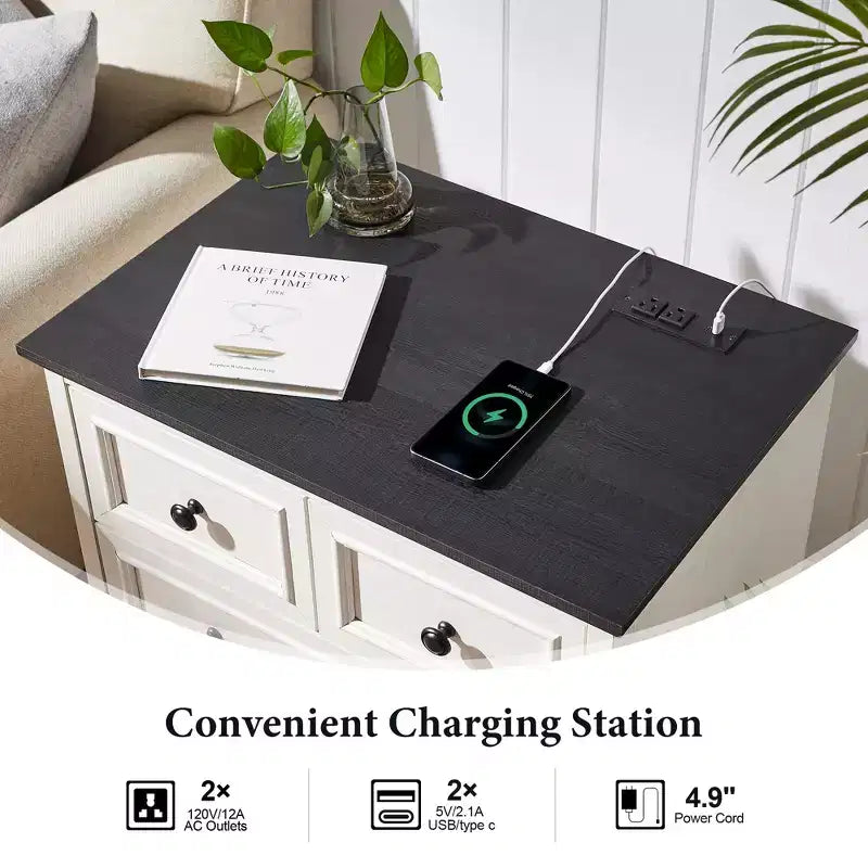 Night Stand with 4 Storage Drawers, 26 Wide Nightstand with Charging Station, Wooden End Tables for Bedroom, Living Room
