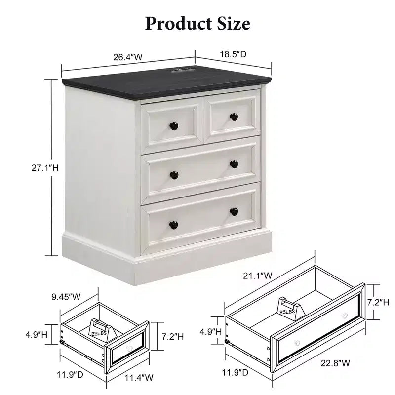 Night Stand with 4 Storage Drawers, 26 Wide Nightstand with Charging Station, Wooden End Tables for Bedroom, Living Room