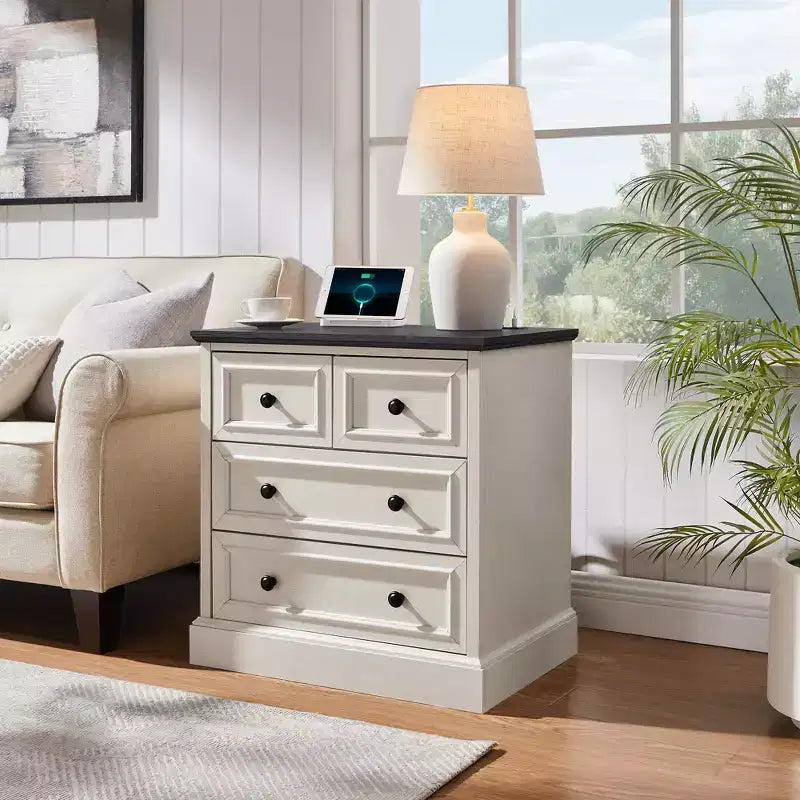 Night Stand with 4 Storage Drawers, 26 Wide Nightstand with Charging Station, Wooden End Tables for Bedroom, Living Room