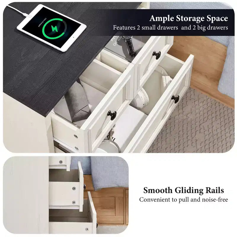 Night Stand with 4 Storage Drawers, 26 Wide Nightstand with Charging Station, Wooden End Tables for Bedroom, Living Room