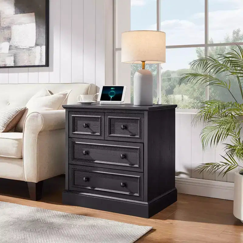 Night Stand with 4 Storage Drawers, 26 Wide Nightstand with Charging Station, Wooden End Tables for Bedroom, Living Room