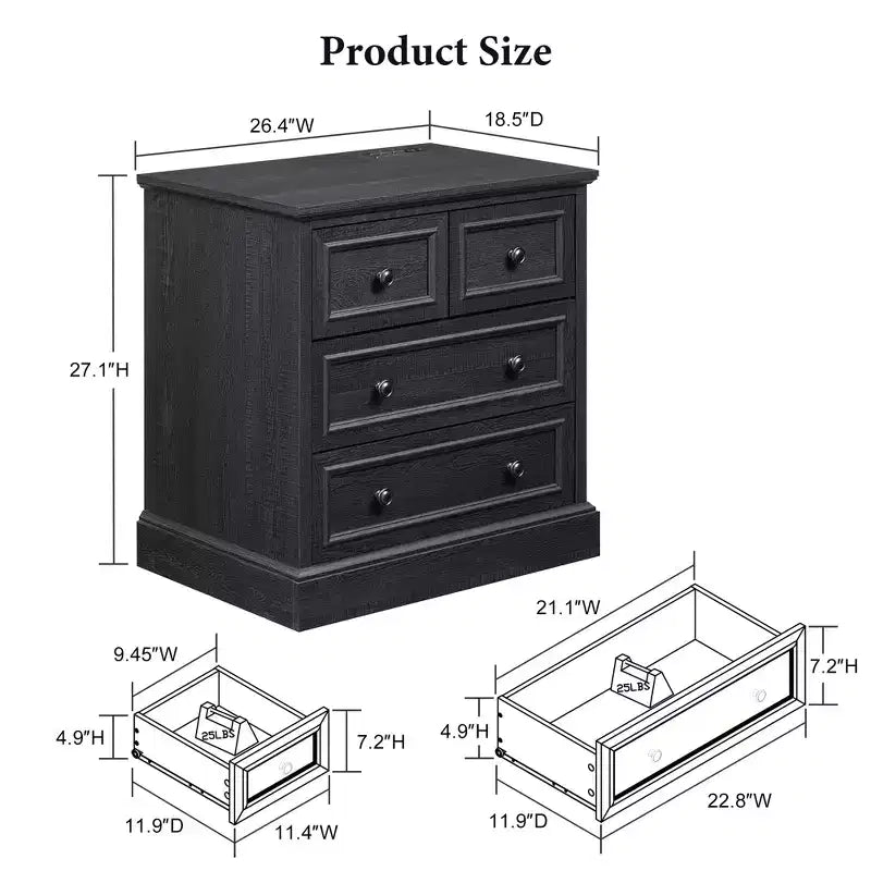 Night Stand with 4 Storage Drawers, 26 Wide Nightstand with Charging Station, Wooden End Tables for Bedroom, Living Room