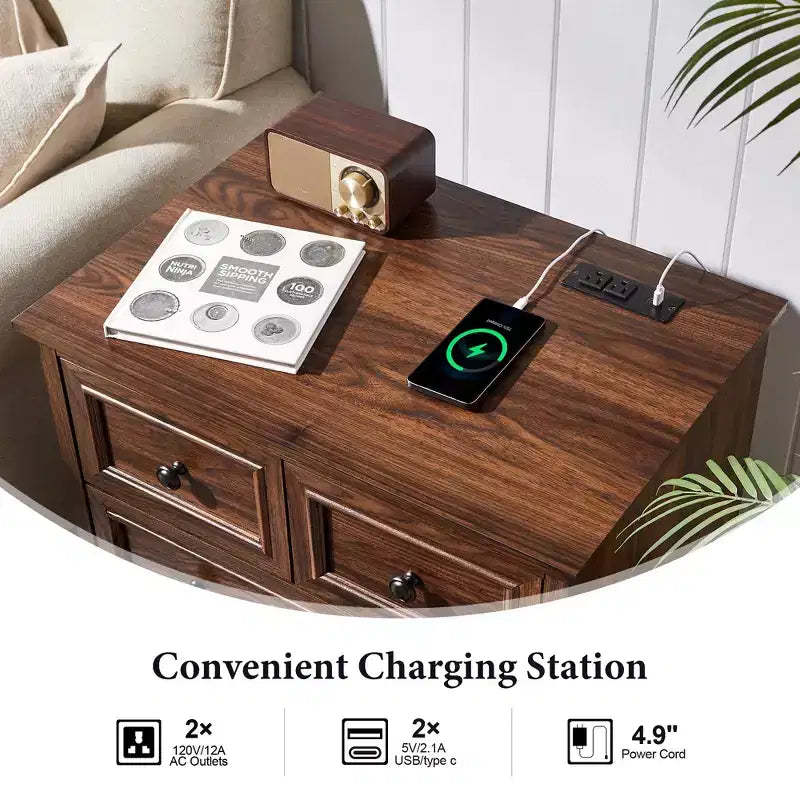 Night Stand with 4 Storage Drawers, 26 Wide Nightstand with Charging Station, Wooden End Tables for Bedroom, Living Room