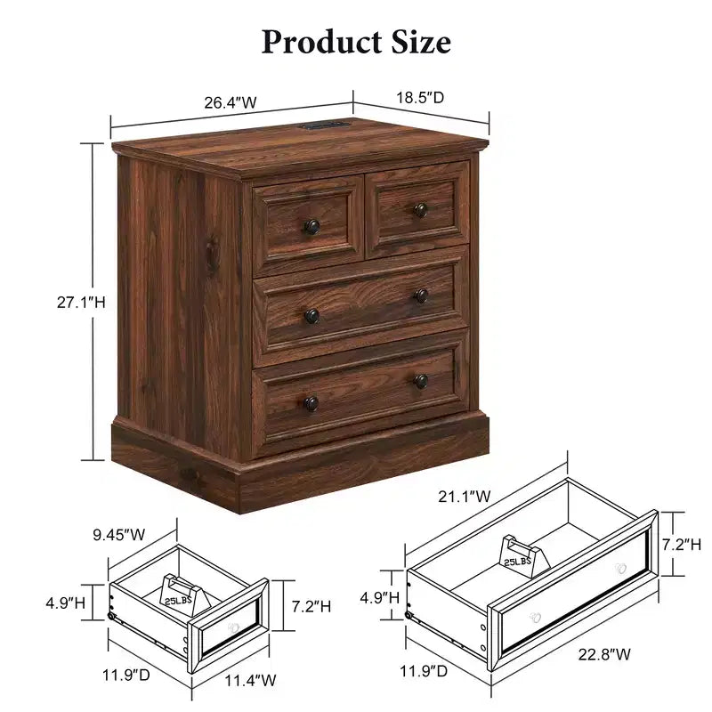 Night Stand with 4 Storage Drawers, 26 Wide Nightstand with Charging Station, Wooden End Tables for Bedroom, Living Room
