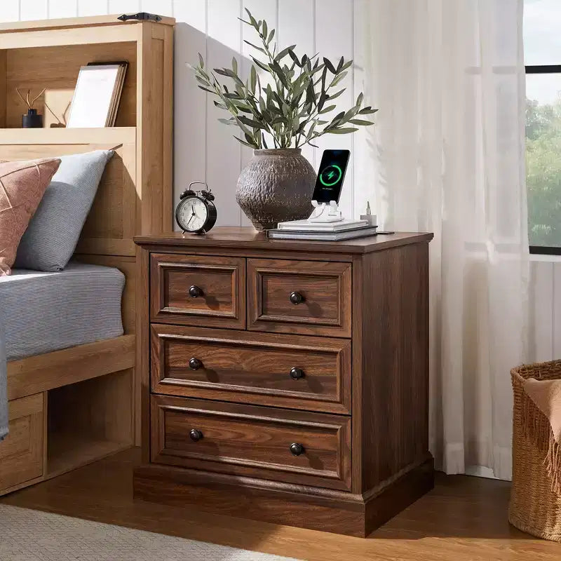 Night Stand with 4 Storage Drawers, 26 Wide Nightstand with Charging Station, Wooden End Tables for Bedroom, Living Room