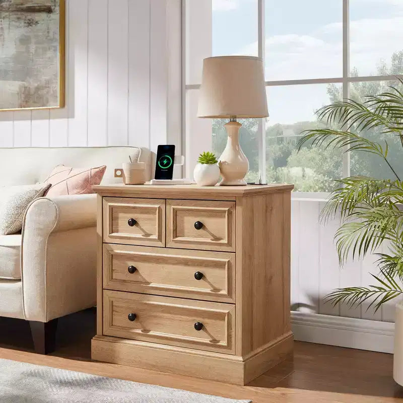 Night Stand with 4 Storage Drawers, 26 Wide Nightstand with Charging Station, Wooden End Tables for Bedroom, Living Room