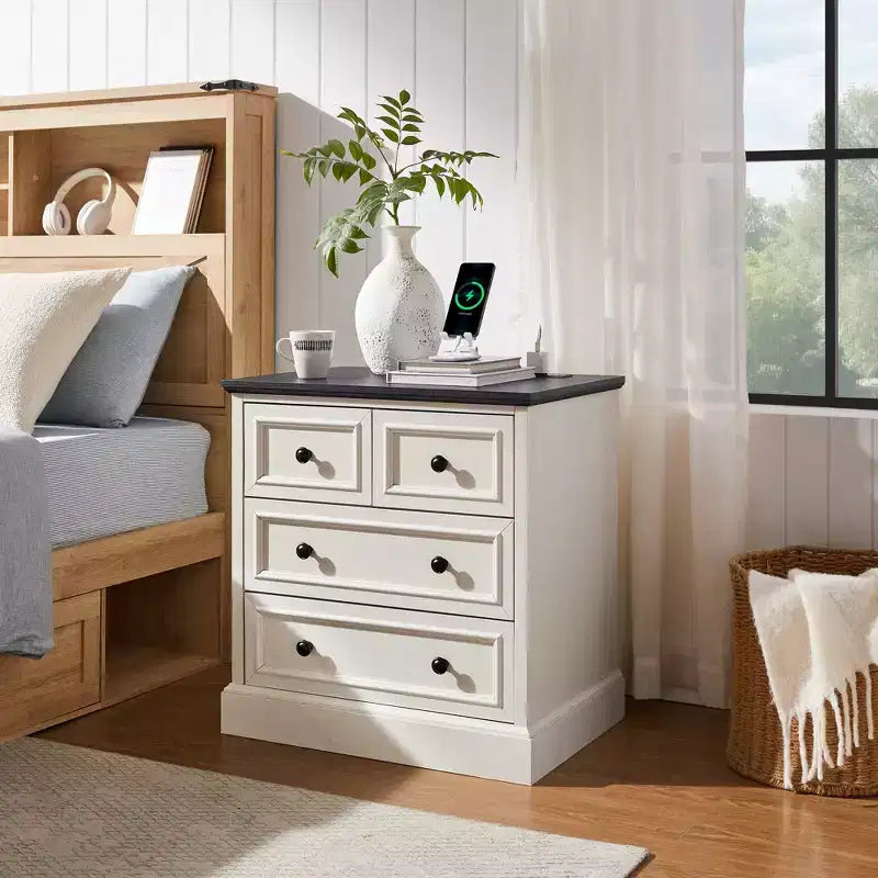 Night Stand with 4 Storage Drawers, 26 Wide Nightstand with Charging Station, Wooden End Tables for Bedroom, Living Room