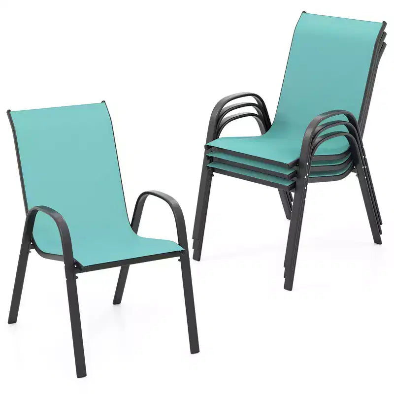 Costway Set of 4 Stackable Patio Chairs All Weather Resistant Breathable & Quick-Dry Fabric Outdoor Dining Chairs w/Armrests Turquoise Blue