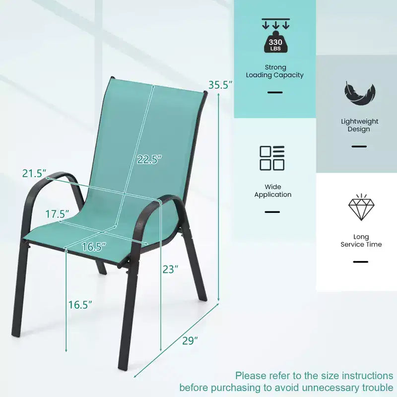 Costway Set of 4 Stackable Patio Chairs All Weather Resistant Breathable & Quick-Dry Fabric Outdoor Dining Chairs w/Armrests Turquoise Blue