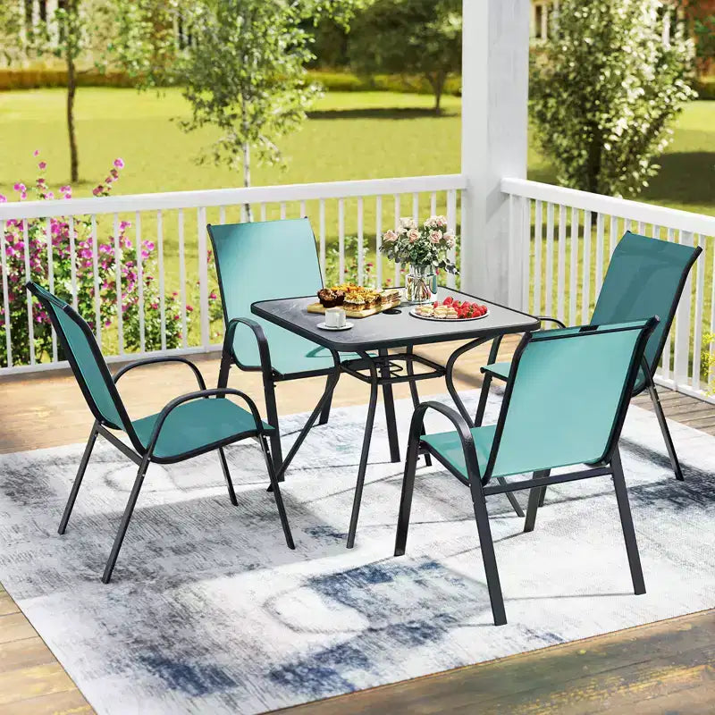Costway Set of 4 Stackable Patio Chairs All Weather Resistant Breathable & Quick-Dry Fabric Outdoor Dining Chairs w/Armrests Turquoise Blue