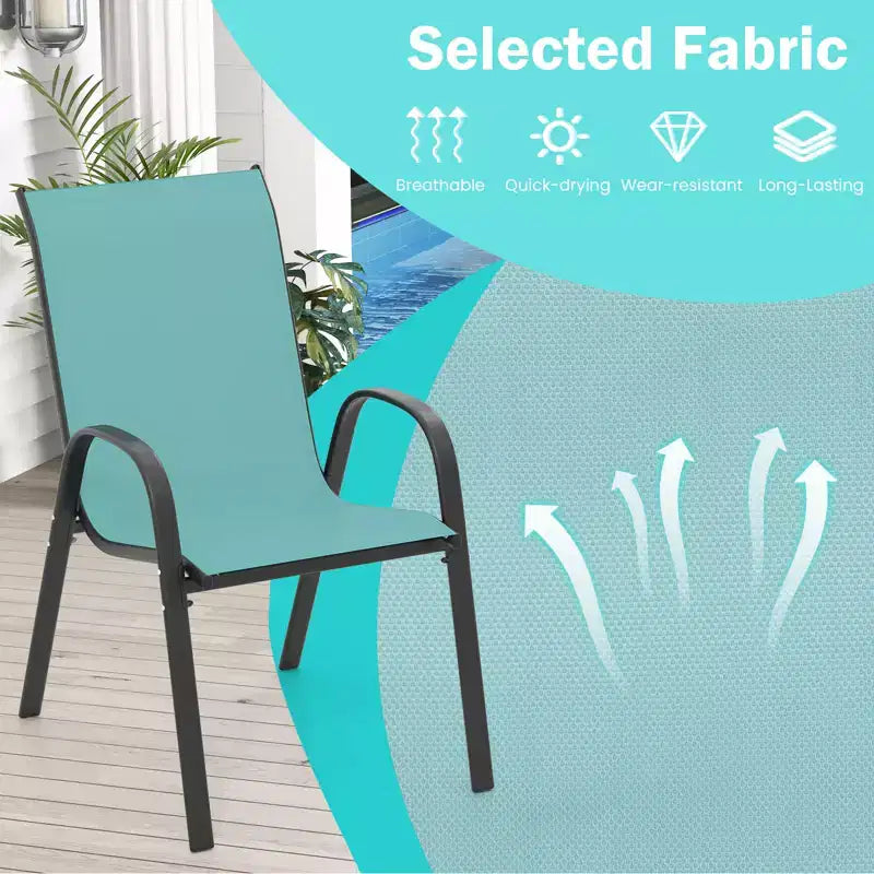 Costway Set of 4 Stackable Patio Chairs All Weather Resistant Breathable & Quick-Dry Fabric Outdoor Dining Chairs w/Armrests Turquoise Blue