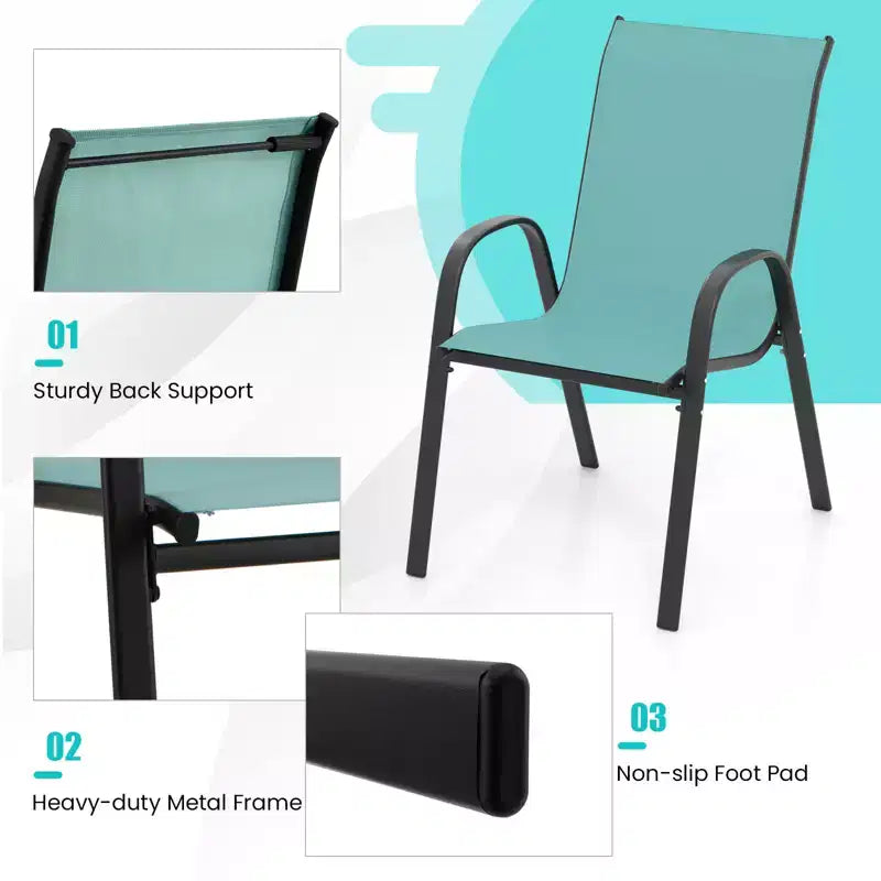 Costway Set of 4 Stackable Patio Chairs All Weather Resistant Breathable & Quick-Dry Fabric Outdoor Dining Chairs w/Armrests Turquoise Blue