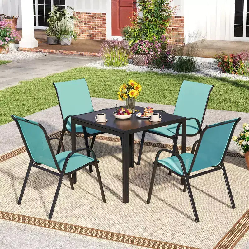 Costway Set of 4 Stackable Patio Chairs All Weather Resistant Breathable & Quick-Dry Fabric Outdoor Dining Chairs w/Armrests Turquoise Blue