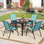 Costway Set of 4 Stackable Patio Chairs All Weather Resistant Breathable & Quick-Dry Fabric Outdoor Dining Chairs w/Armrests Turquoise Blue