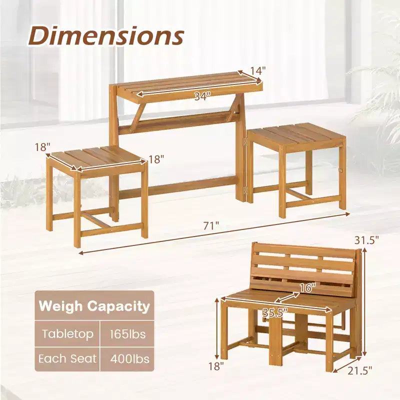 Costway 3-in-1 Outdoor Acacia Wood Loveseat Bench Furnitur w/ Slatted Seat for Garden
