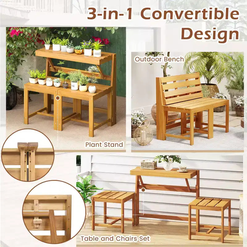 Costway 3-in-1 Outdoor Acacia Wood Loveseat Bench Furnitur w/ Slatted Seat for Garden