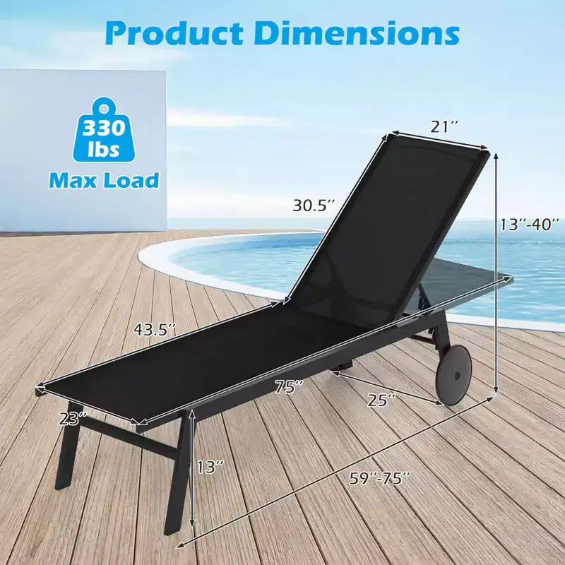Costway 1/2 PCS Patio Chaise Lounge with Wheels Adjustable 6-Position Backrest Breathable Seat Black/Brown/Gray