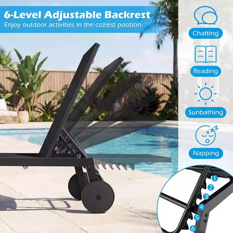 Costway 1/2 PCS Patio Chaise Lounge with Wheels Adjustable 6-Position Backrest Breathable Seat Black/Brown/Gray