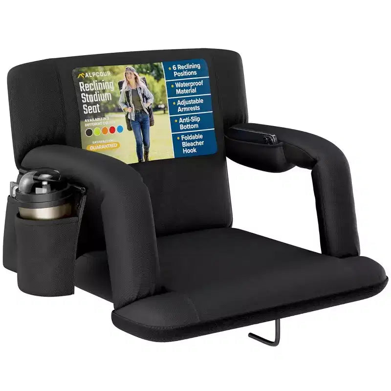 Alpcour Portable Reclining 21-inch Wide Stadium Seat with Armrests Black