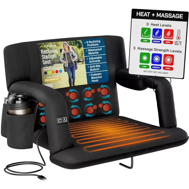 Alpcour Max-Relax Extra-Wide 25in Heated Massage 25in Stadium Seat with Armrests Black