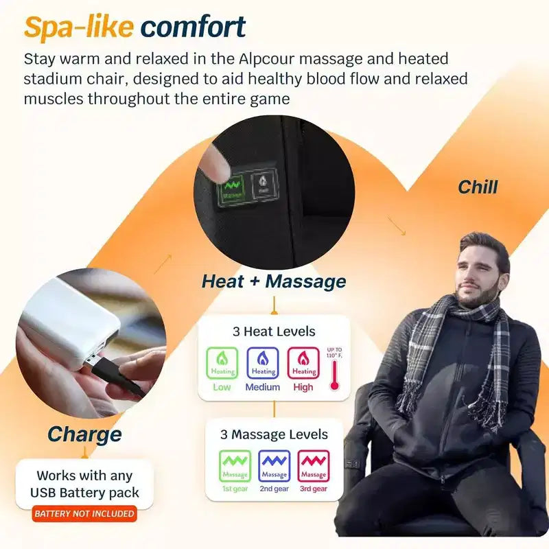 Alpcour Max-Relax Extra-Wide 25in Heated Massage 25in Stadium Seat with Armrests Black