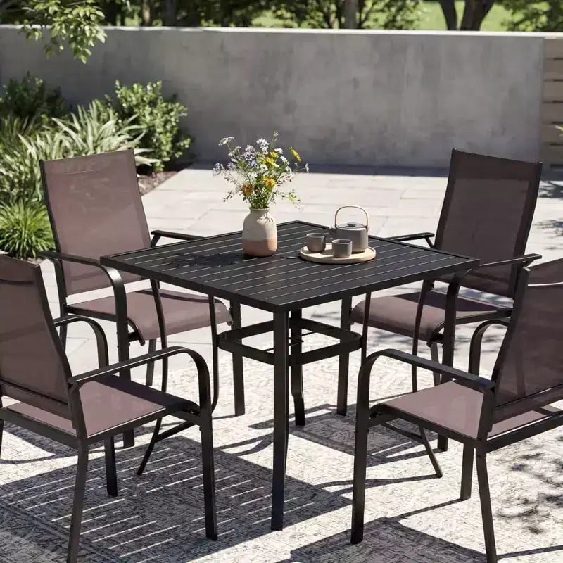 Costway 76 x 36/37 x 37 Patio Table for 8/4, Outdoor Metal Dining Table with Umbrella Hole for Porch