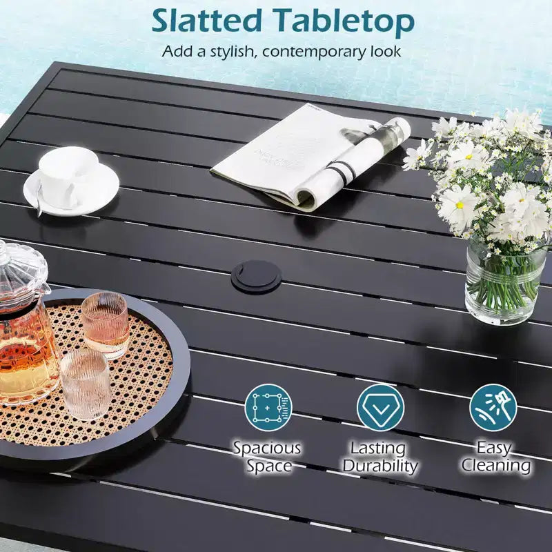 Costway 76 x 36/37 x 37 Patio Table for 8/4, Outdoor Metal Dining Table with Umbrella Hole for Porch