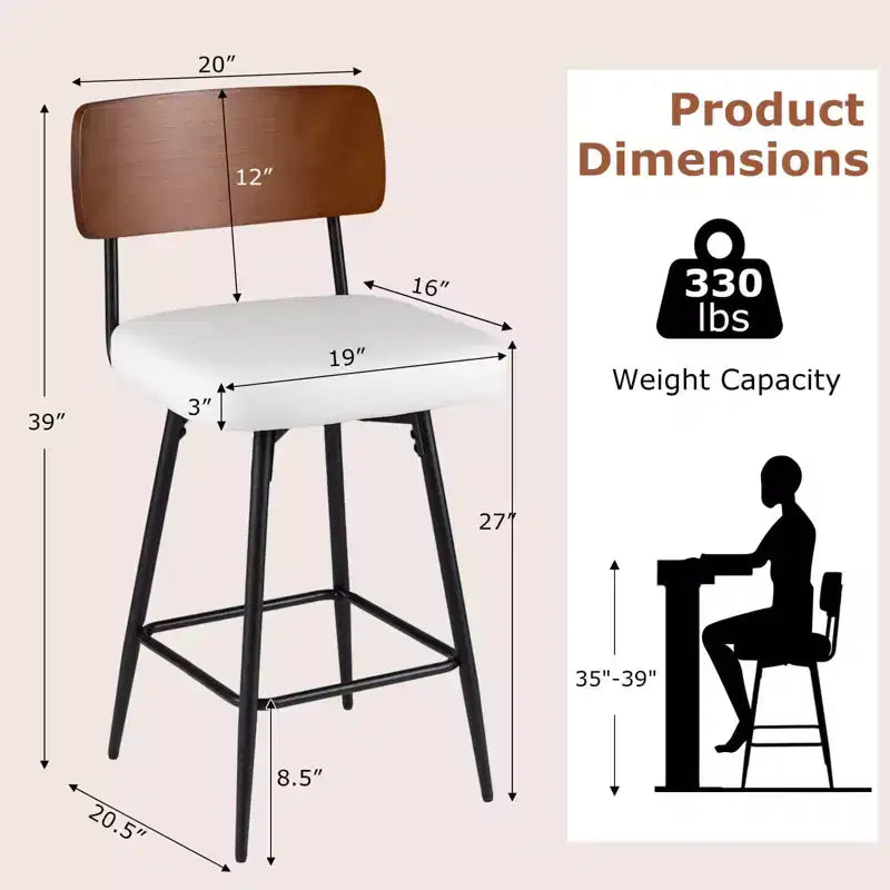 Costway 27 Padded Counter Barstools Set of 2/4 with Wooden Backrest & Metal Legs, Footrest Black/White