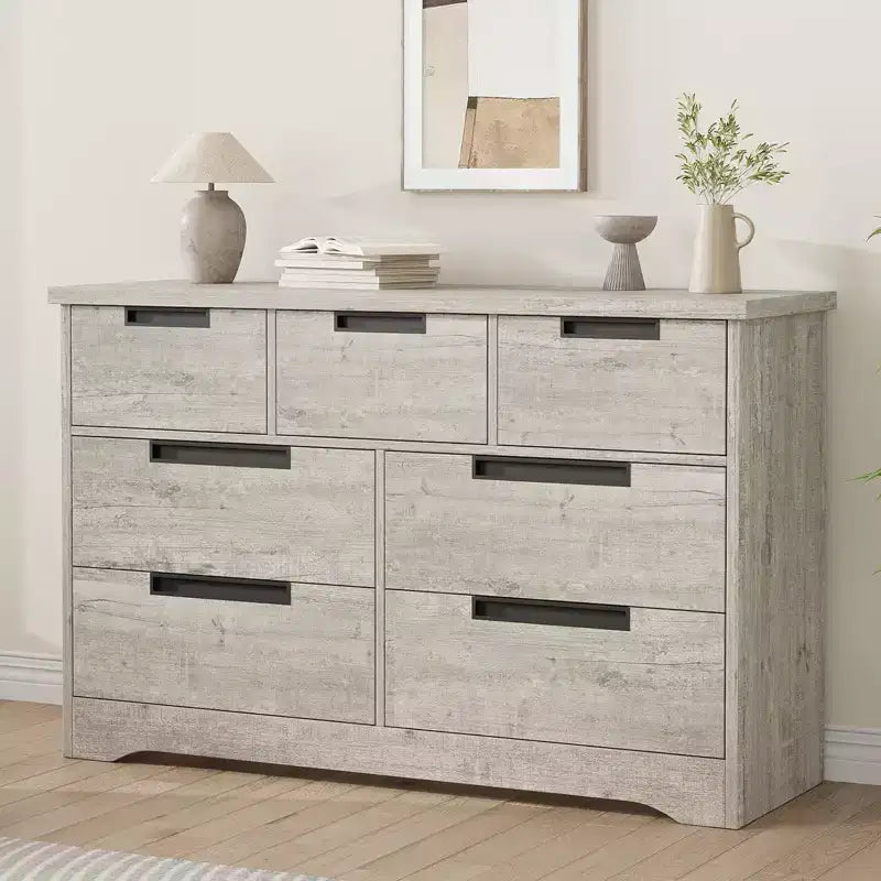 COZONY 46.8'' Wide 7 Drawer Dresser, Natural Oak Wooden Storage Chest with Embedded Handles