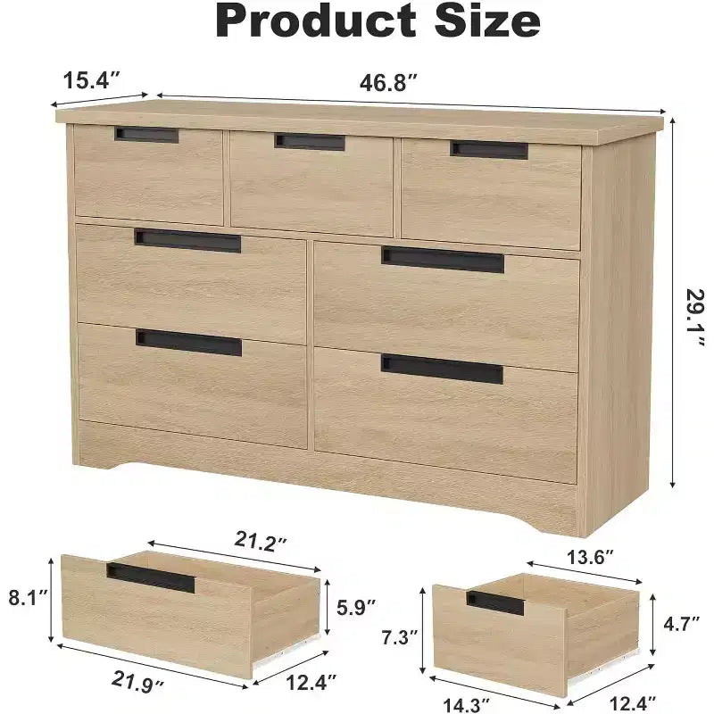 COZONY 46.8'' Wide 7 Drawer Dresser, Natural Oak Wooden Storage Chest with Embedded Handles