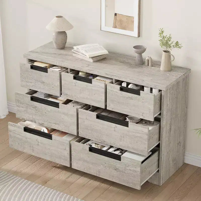 COZONY 46.8'' Wide 7 Drawer Dresser, Natural Oak Wooden Storage Chest with Embedded Handles