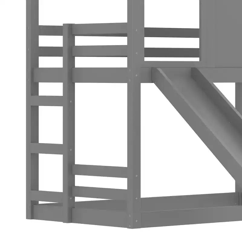 Twin over Twin House Bunk Bed with Slide and Storage Shelves, Wood Bunk Bed Frame with Window for Kids