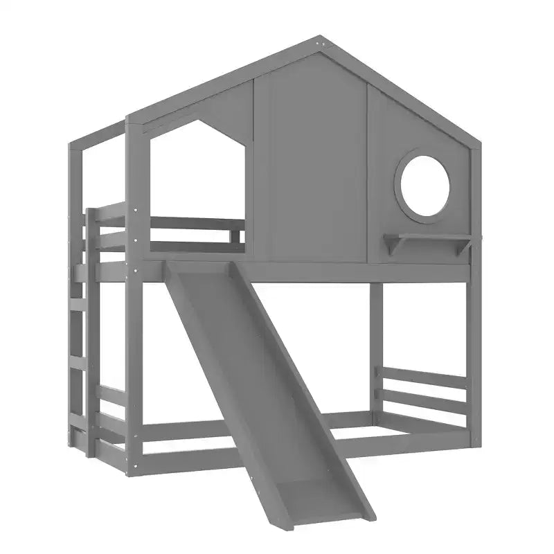 Twin over Twin House Bunk Bed with Slide and Storage Shelves, Wood Bunk Bed Frame with Window for Kids