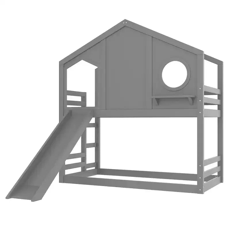Twin over Twin House Bunk Bed with Slide and Storage Shelves, Wood Bunk Bed Frame with Window for Kids