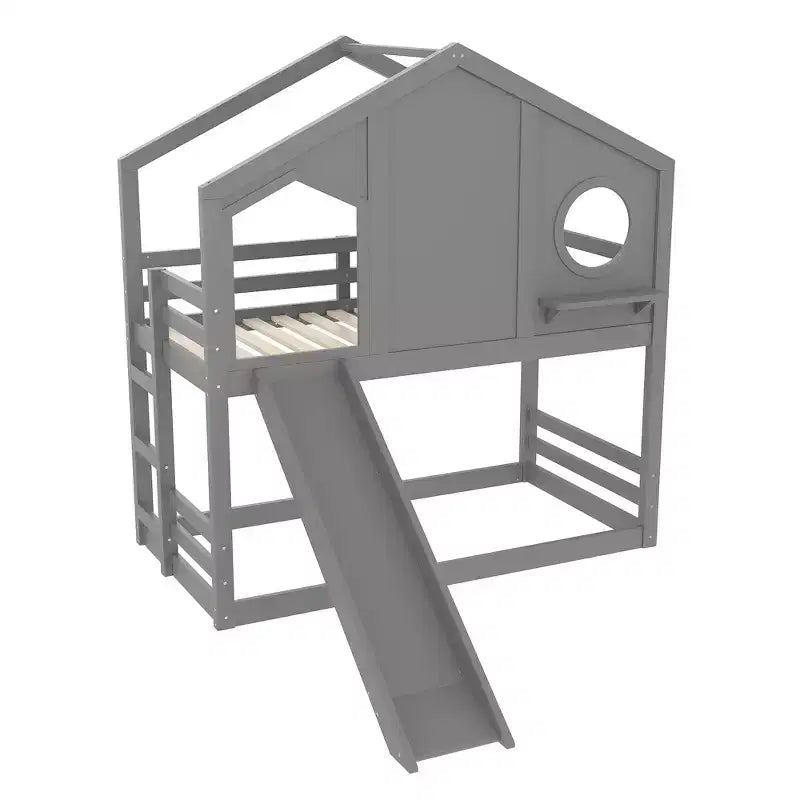 Twin over Twin House Bunk Bed with Slide and Storage Shelves, Wood Bunk Bed Frame with Window for Kids