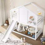 Twin over Twin House Bunk Bed with Slide and Storage Shelves, Wood Bunk Bed Frame with Window for Kids