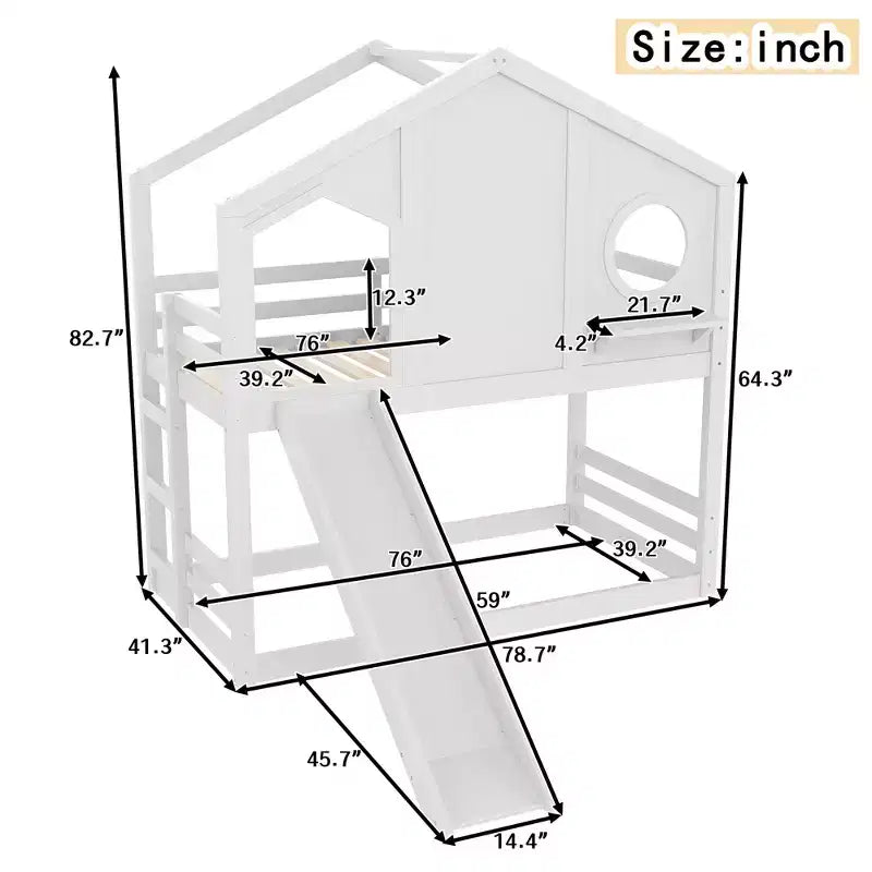 Twin over Twin House Bunk Bed with Slide and Storage Shelves, Wood Bunk Bed Frame with Window for Kids