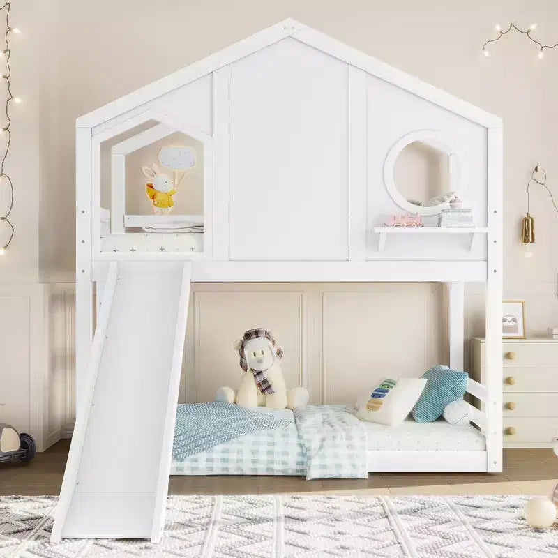 Twin over Twin House Bunk Bed with Slide and Storage Shelves, Wood Bunk Bed Frame with Window for Kids